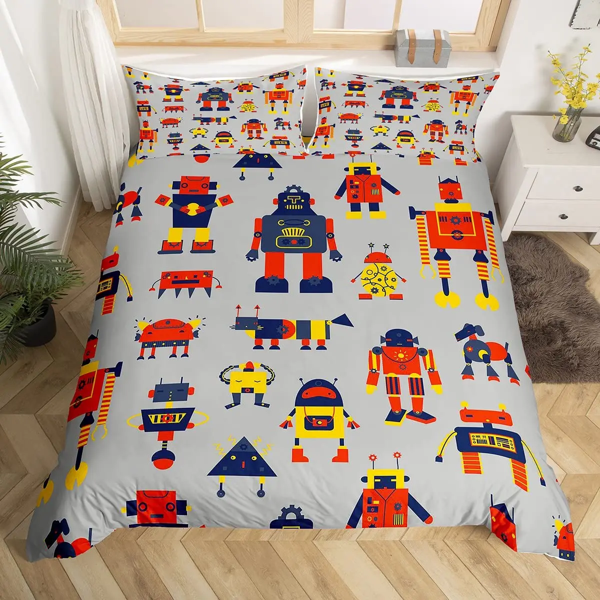 Boys Cartoon Robot Rocket Duvet Cover King Queen Size,Kids Spaceship Bedding Set 3Pcs Starry Galaxy Universe Planet Quilt Cover