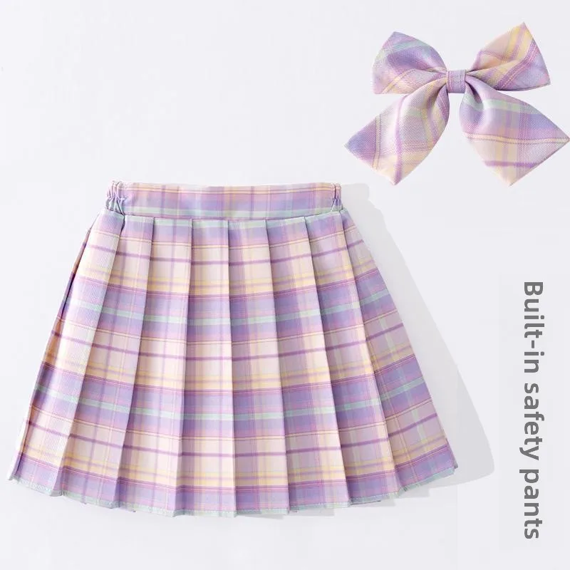 

Teen Girls Checkered Skirt Children College Style Clothing Spring Summer Kid Fashion JK Striped Pleated Skirt+Bow Tie 3-12 Years