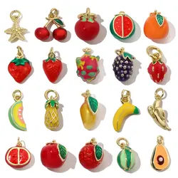 3pcs/Lot 18k Gold Plated Enamel Cherry Apple DIY Charms Women Fruit Watermelon Grape Necklace Pendants Lemon Stawberry Jewelry