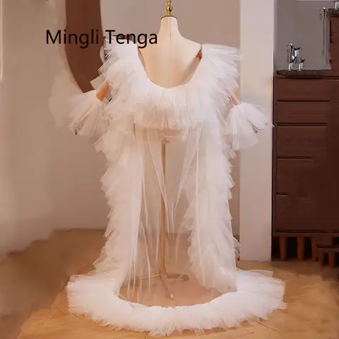 Mingli Tengda 얇은 명주 그물 망토 웨딩 숄, 푹신한 긴 소매 하이 칼라 신부 케이프, 여성 어깨 신부 랩 파티 특별 재킷