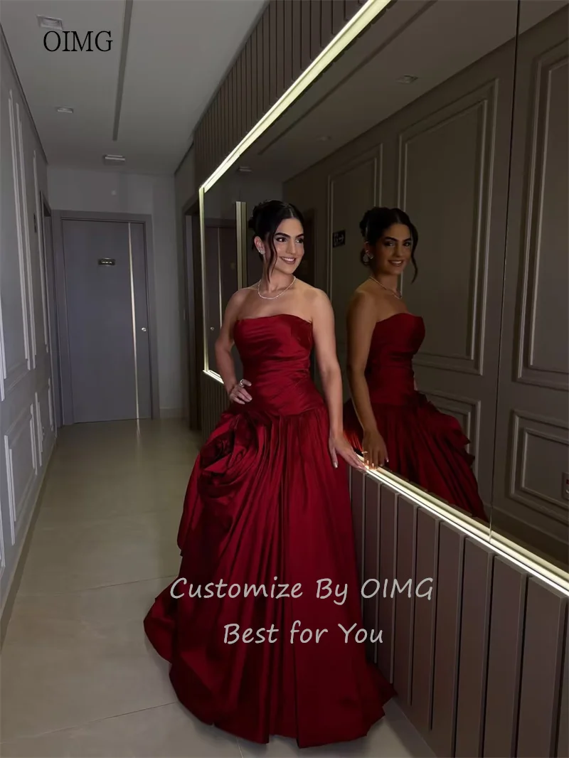 OIMG Burgundy Strapless A Line Formal Prom Gowns 3D Flower Party Gown Floor Length Evening Dress vestidos de festa Customized