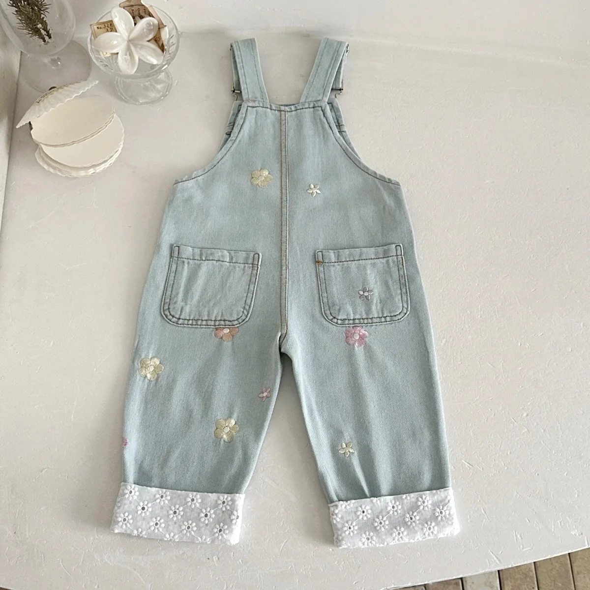 Baby Girl Denim Overalls Light Wash Floral Embroidery Lace Cuff Toddler Spring Autumn Suspender Pants Kids Casual Jumpsuit