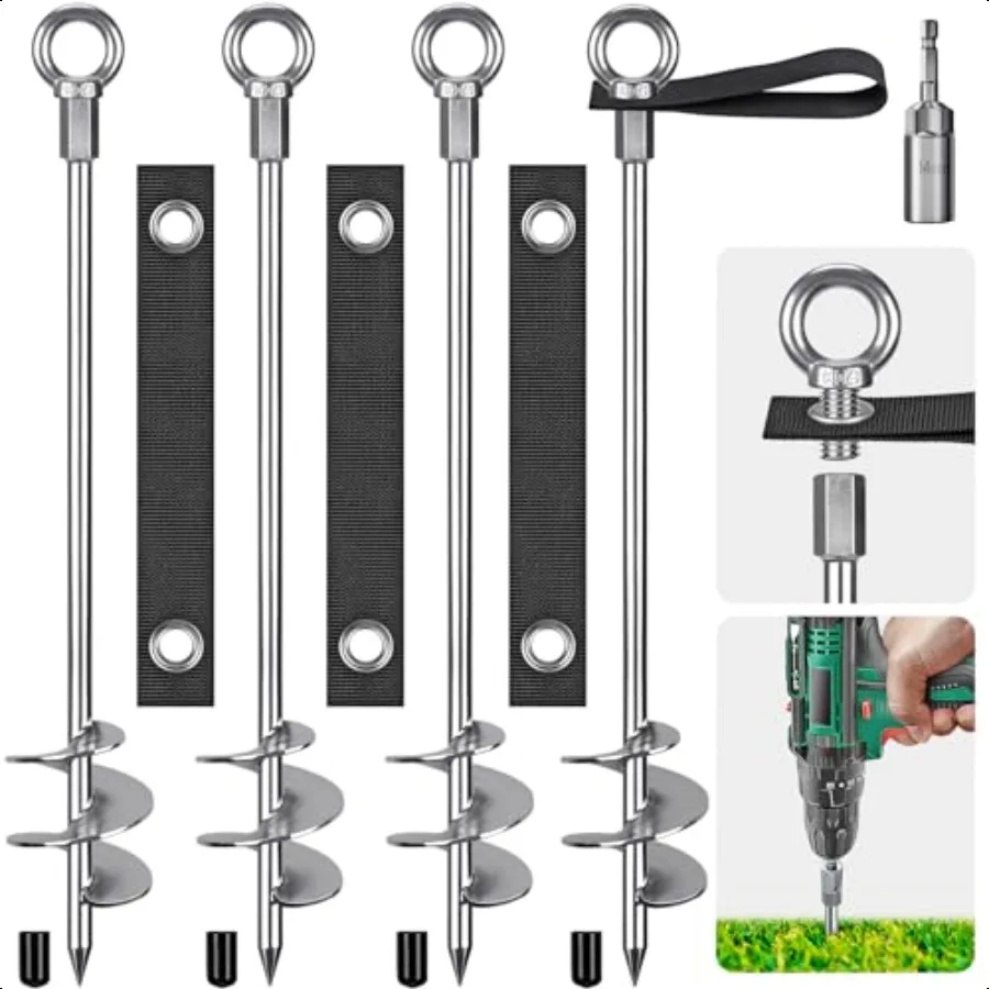 

Fully Welded Ground Trampoline Anchors 30'' Spiral Mobile Home Anchors 4pcs Earth Anchor Heavy Duty Shed Anchor Kit with Straps