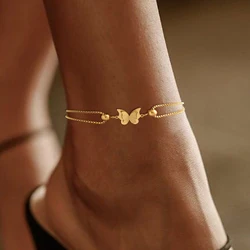 Frosted Butterfly Women's Vintage Beach Style Titanium Steel Plated 18k Gold Low Allergy Layered Jewelry Gift Feet Chain