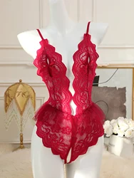 Crotchless Lingerie For Women Lace Erotic Deep V Underwear Sexy Babydoll Dress Open Bra Sex Costumes Woman Exotic Porn Bodysuit