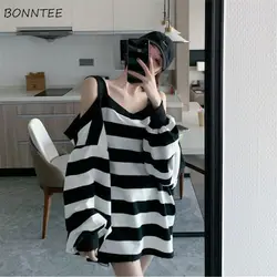 T-shirts Women Spring Lady Baggy Temperament Casual Cozy Mujer De Moda Ulzzang Off Shoulder Design Striped Hipster Girls Clothes