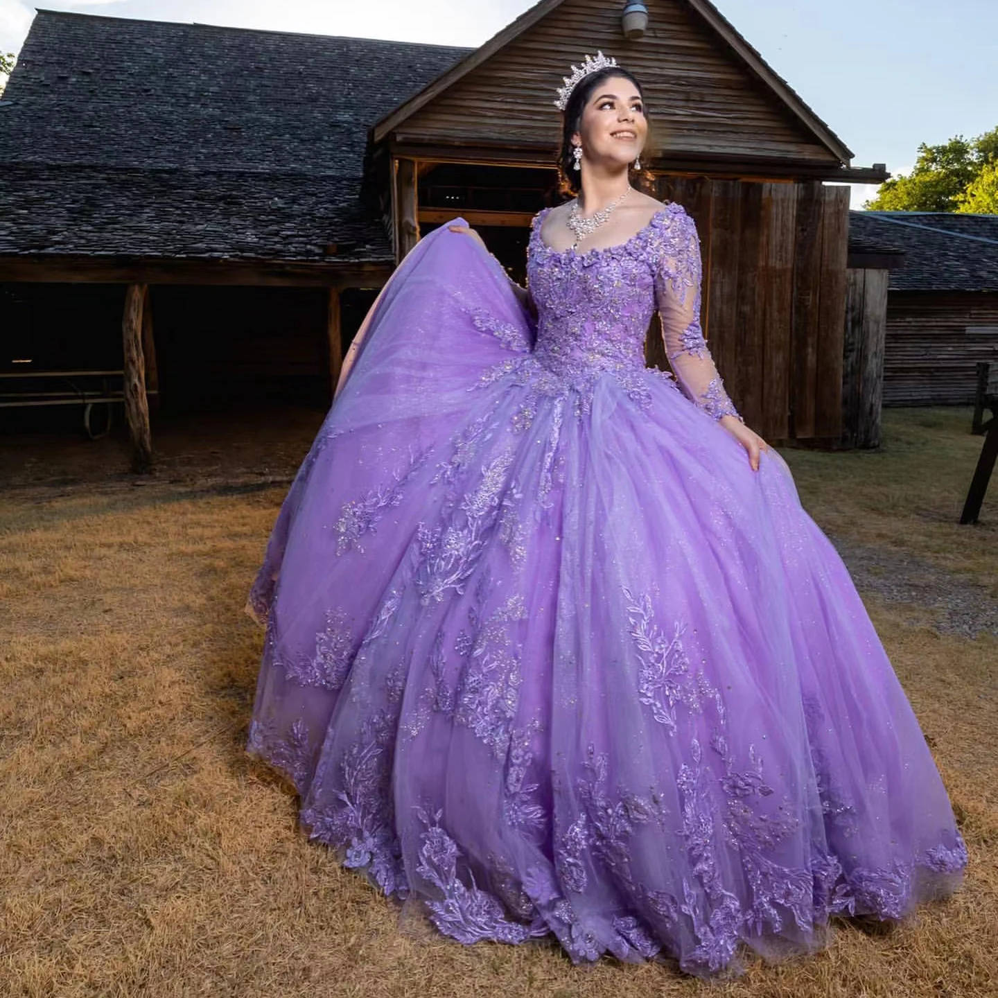 الأرجواني Quinceanera فساتين للحلو 16 فستان فستاين سهرة/فساتين الحفلات الخرز يزين كم طويل فستان حفلات التخرج Vestidos De 15 Años