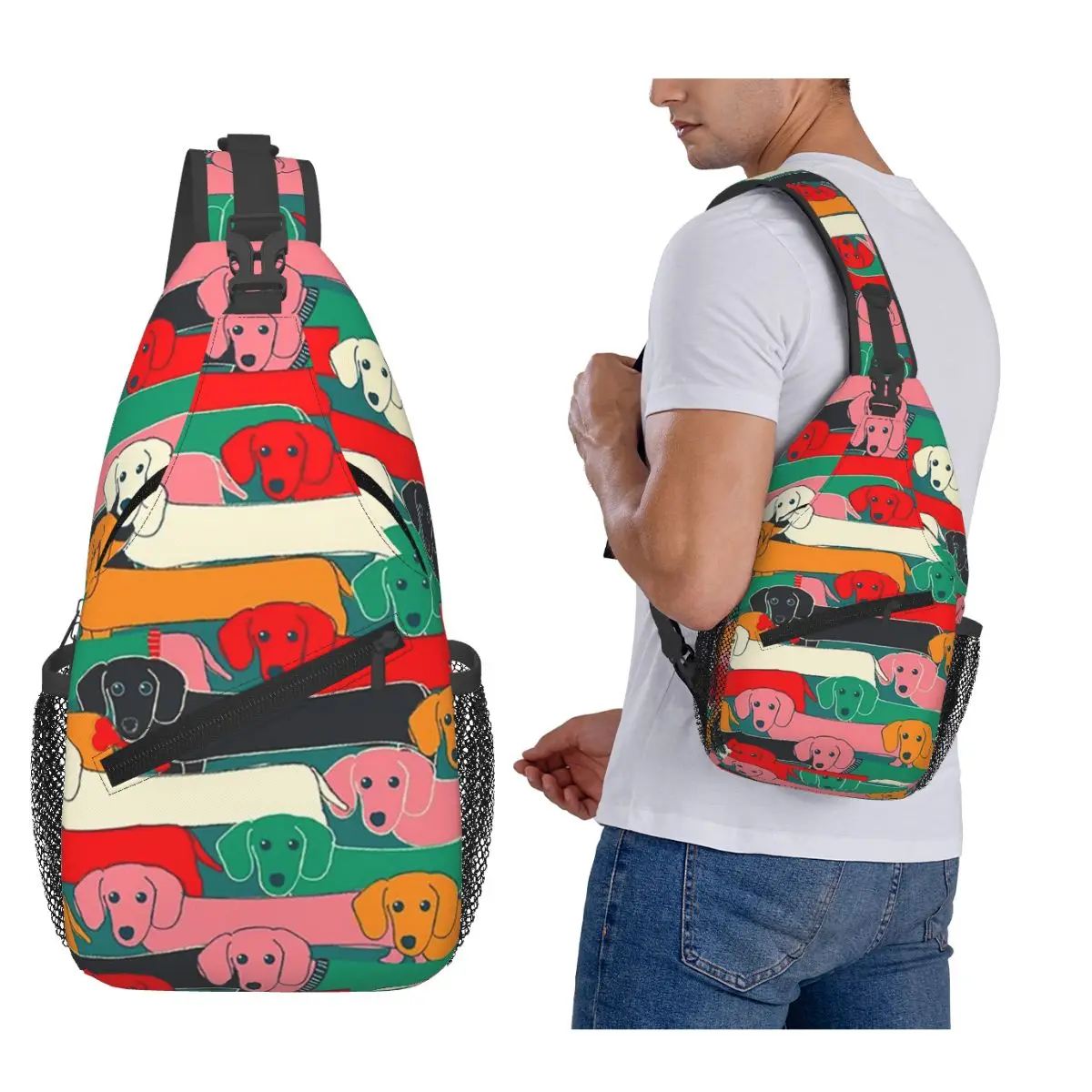 Dachshund Dog Pattern Chest Bag Men Sling Crossbody Backpack Chest Bag Traveling Hiking Daypack Shoulder Bag