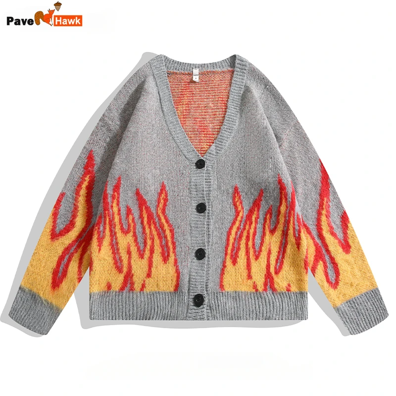 Men Women Flame Knitted Cardigan American V-neck Sweaters New Autumn Winter Casual Loose High Street Knitted Jackets Hip Hop