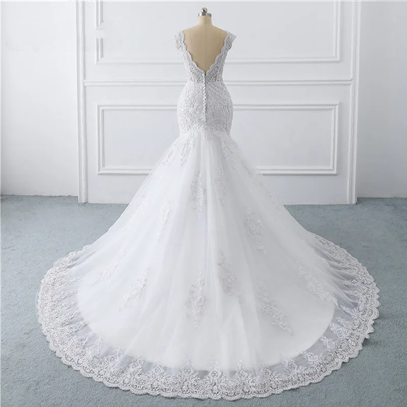 Echtes Bild elegante Meerjungfrau Brautkleider V-Ausschnitt Spitze Applikation bedeckt Knopf Brautkleid plus Größe vestido de noiva gelinlik