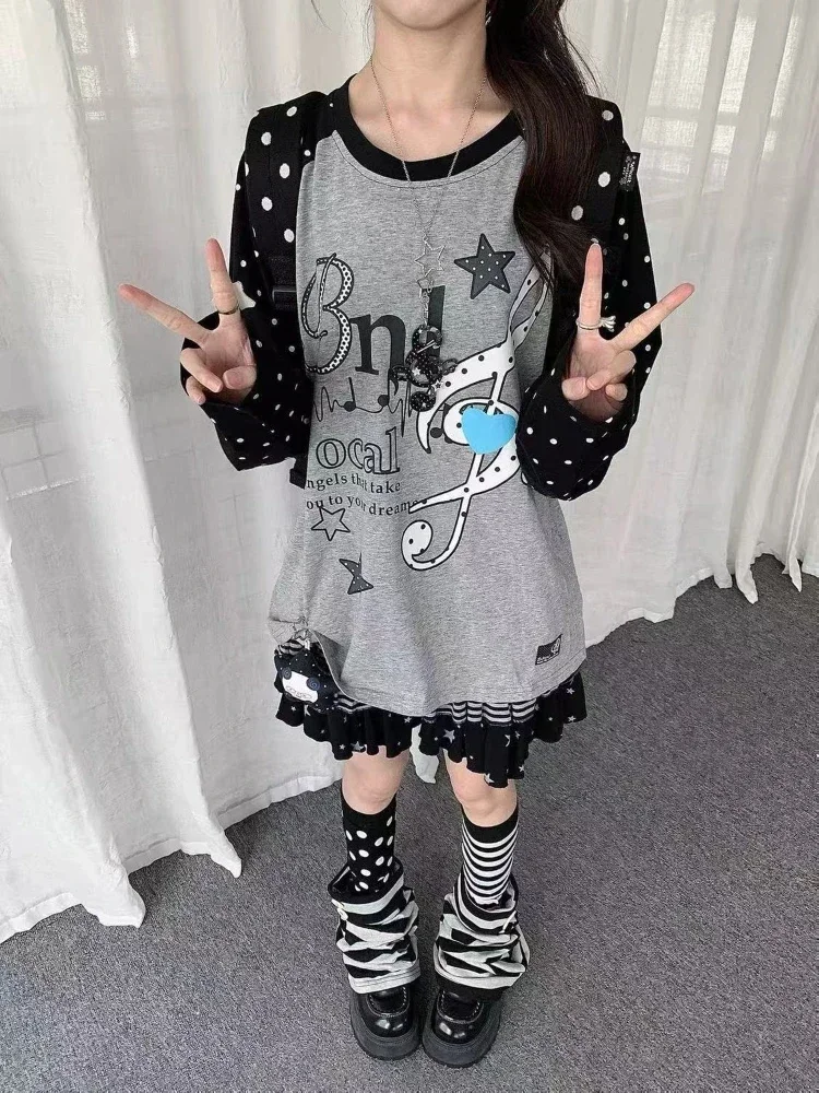 Y2K T Shirt Women Fake Two Piece Long Sleeve Jirai Kei  T-shirt Emo Polka Dot Music Note Star Harajuku Loose Oversized Tees Grey