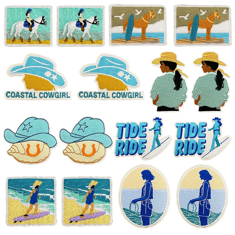 10 pcs/lot Cartoon Cowgirl Applique Iron On Patches For Clothing Stickers Blue Coastal Elements Embroidery Patch Fusible Badges