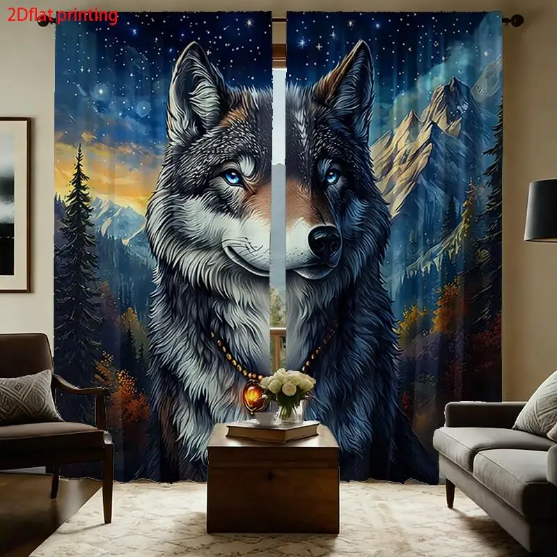 Blue Wolf Starry Night Curtain, Mystical Animal Window Drape, Forest Galaxy Blackout Panel, Native Style Living Room Decor