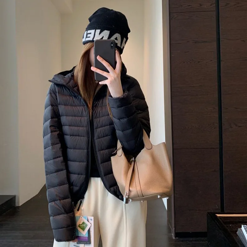 Winter White Duck Down Double Zipper Outwears Women Lightweight Pork Ribs Hooded Down Jacket Female Warm Slim Parker Jacket