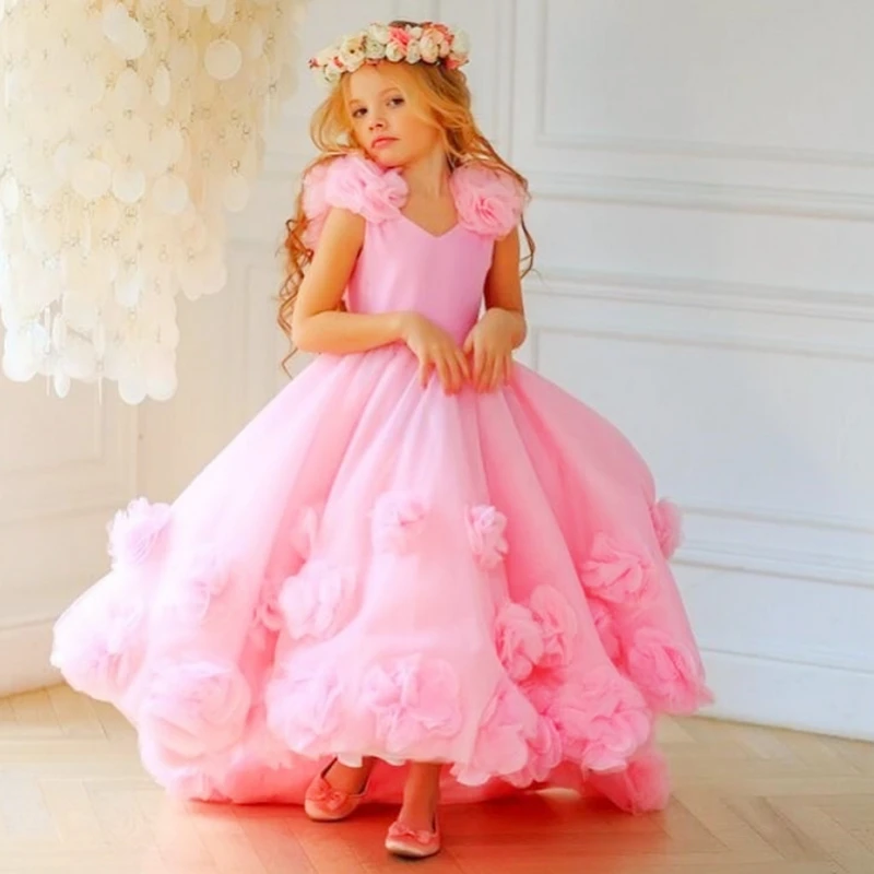 

Pink Flower Girl Dresses For Wedding 3D Applique V Neck Ruffled Tulle Sleeveless Kids Birthday Pageant First Communion Ball Gown