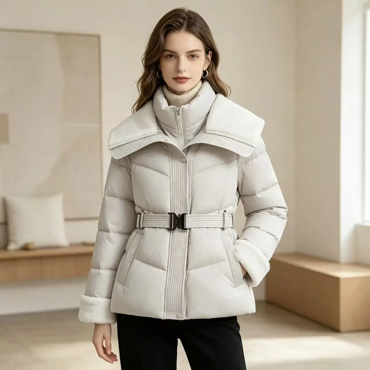 2026 New Winter Jacket Coat Female Parkas Fashion Lamb Wool Double Collar Short Belt Warm Down Cotton Jacket Women Outerwear Top