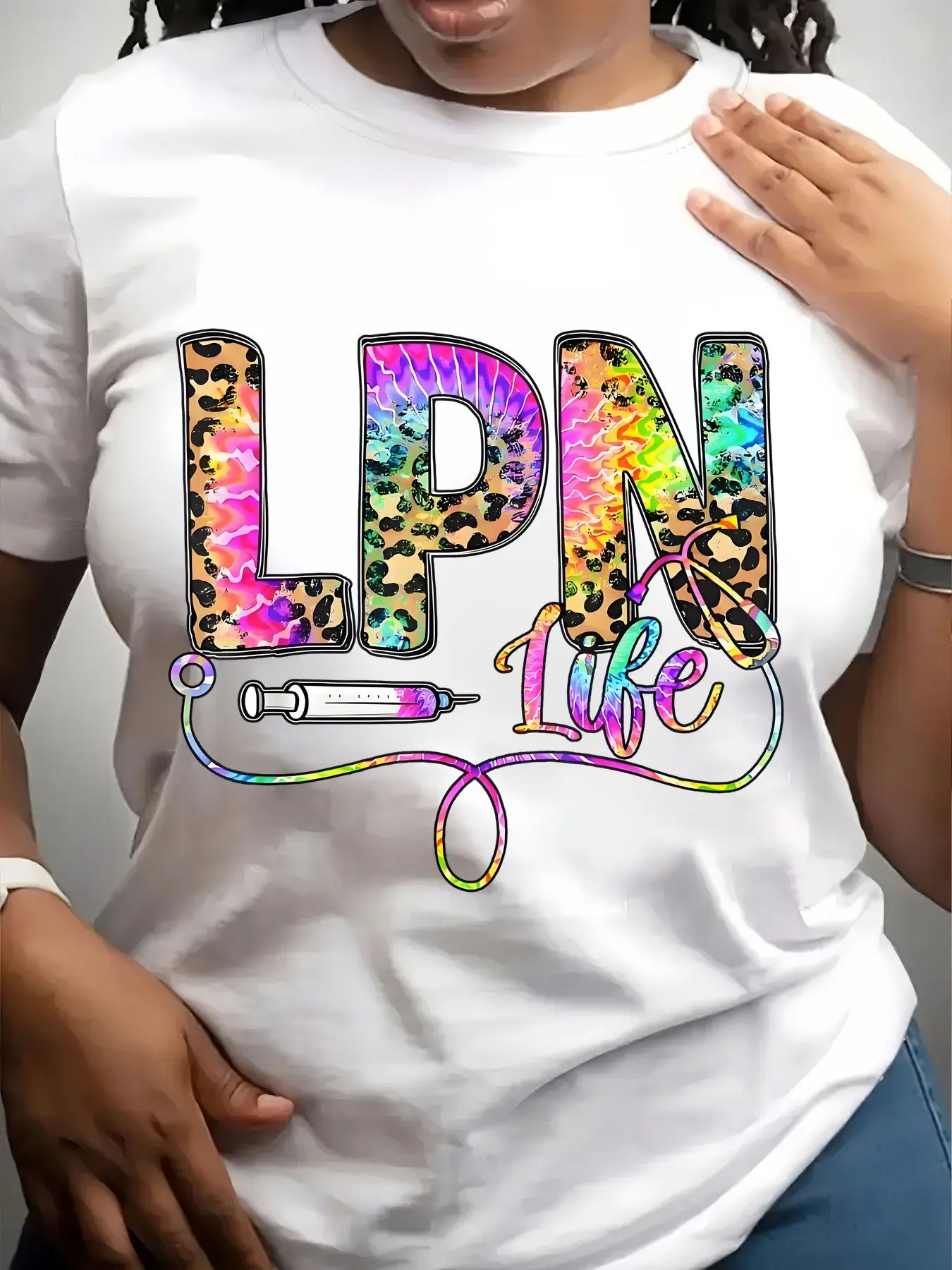 Women's Trendy Crew Neck T-Shirt Lpn Life Leopard Tie Dye Suitable for Casual Sportswear