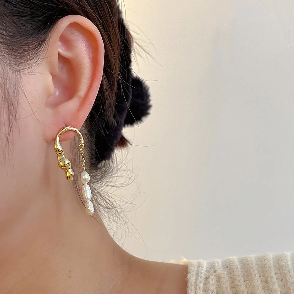 kshmir Korea Simple design sense irregular metal freshwater pearl pendant earrings elegant style women\'s earrings