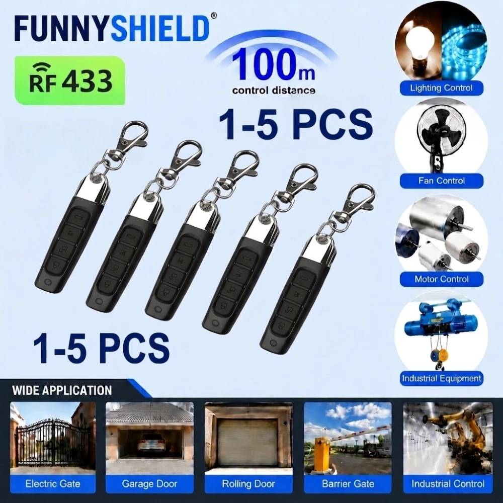 FUNNYSHIELD 1-5PCS 433MHz Remote Control Duplicator Universal 4 Keys Copy Clone Replacement Garage Door Keychain RF Transmitter