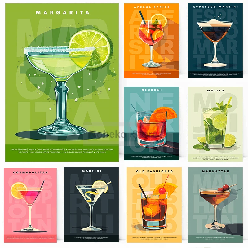 Modern Cocktails Art Poster Martini Negroni Mojito Daiquiri Manhattan Prints Canvas Painting Wall Art Pictures Home Room Decor