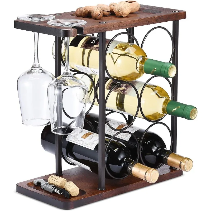 Wine Rack with Glass Holder, Countertop Rack, Wooden Holder Tray, Perfect for Home Decor & Kitchen Storage etc