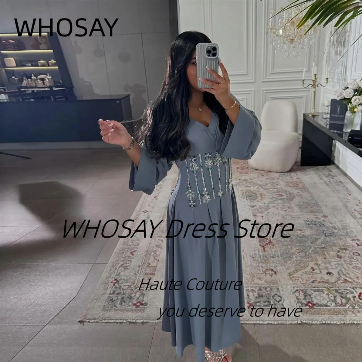 

WHOSAY Индивидуальное платье для выпускного вечера с V-образным вырезом и длинными рукавами, расшитое бисером فساتين условия проведения, специальное вечернее платье длиной до щиколотки