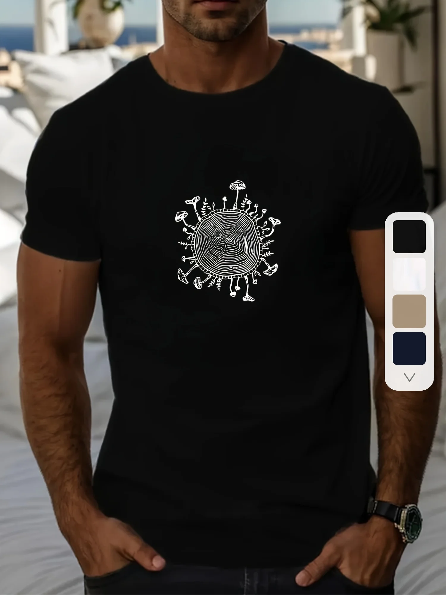 

Men's Summer Casual T-Shirt with Mushroom Print - Breathable Polyester, Round Neck, Short Sleeve