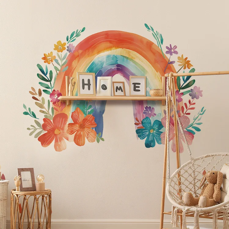 Bunte Blumen, Blätter, Regenbogen, Wandaufkleber, Kinderzimmer, Hintergrunddekoration, Tapete, Schlafzimmerdekoration, selbstklebende Wandaufkleber für Zuhause – Detail 6
