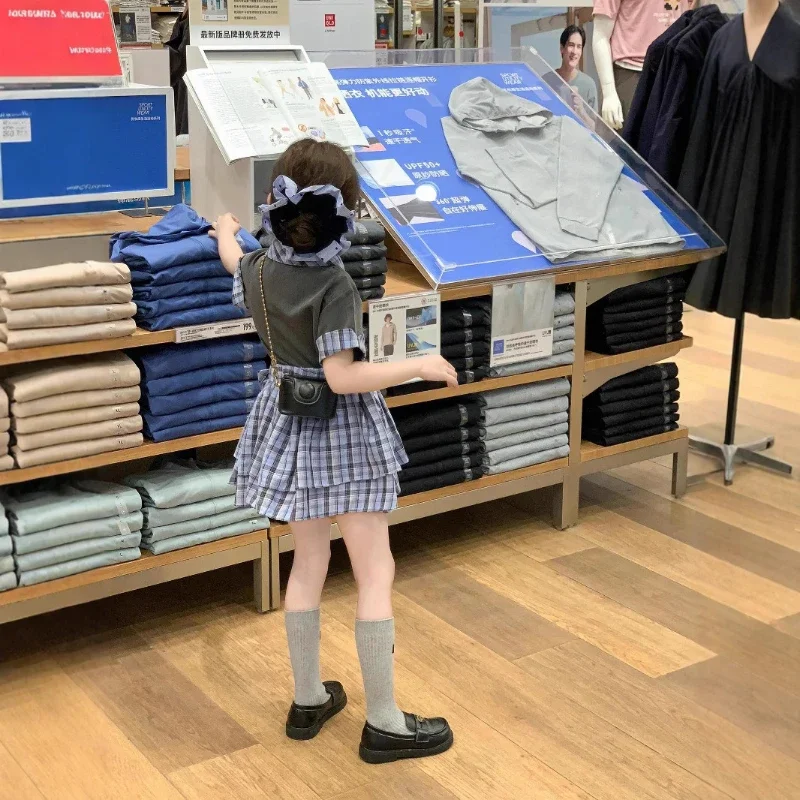 

2025 Girls' Summer College Style Plaid Short-sleeved Shirt Plaid Cake Skirt With Two-piece Safety Pants