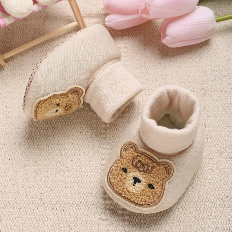 Baby Winter Sock Shoes Cartoon Bear Patch Fleece Lined Cuff Non Slip Soft Sole Infant Newborn Indoor Warm Crib Booties 0-18M view 4
