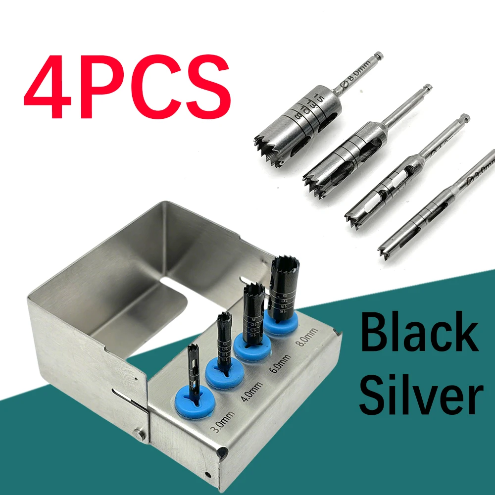 

Dental Implant Trephine Burs 4Pcs for Bone Grafting and Cutting Long Trephine Drill Surgical Tools Low Handpiece Use