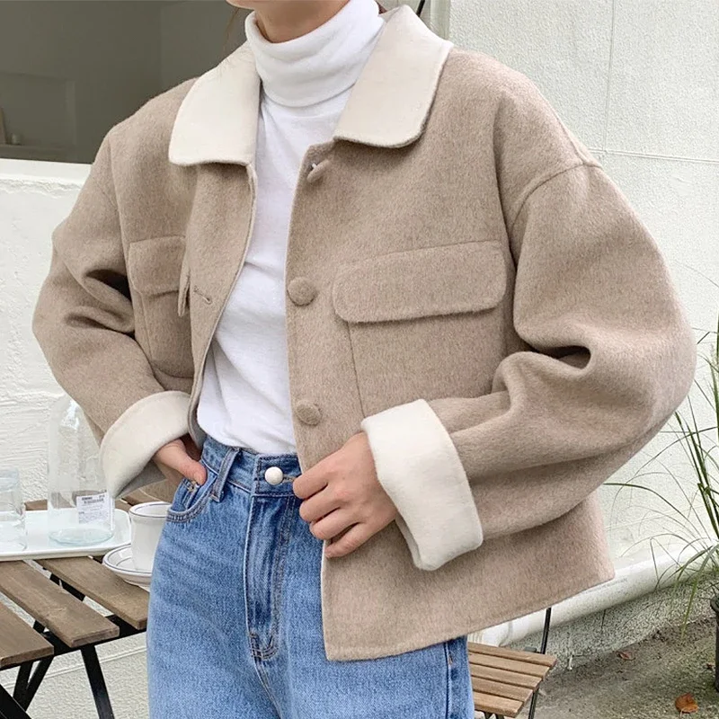 Simple Elegant Contrast Color Turn-down Collar Jackets Single Breasted Loose All-match Long Sleeve Top Autumn Winter Woolen Coat