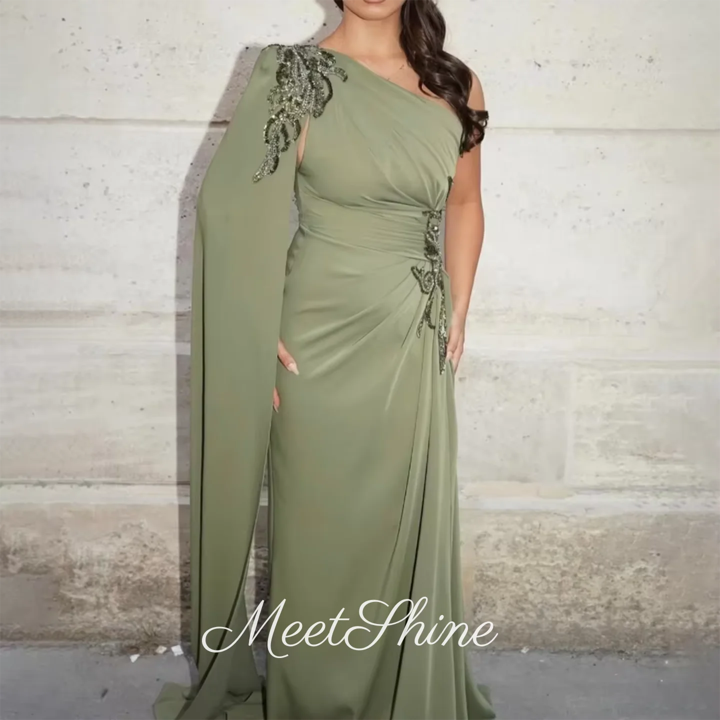 

Прямое платье для выпускного на одно плечо, зеленое шифоновое вечернее платье русалки в Саудовской Аравии, длиной до пола, платье для торжественных случаев по индивидуальному заказу