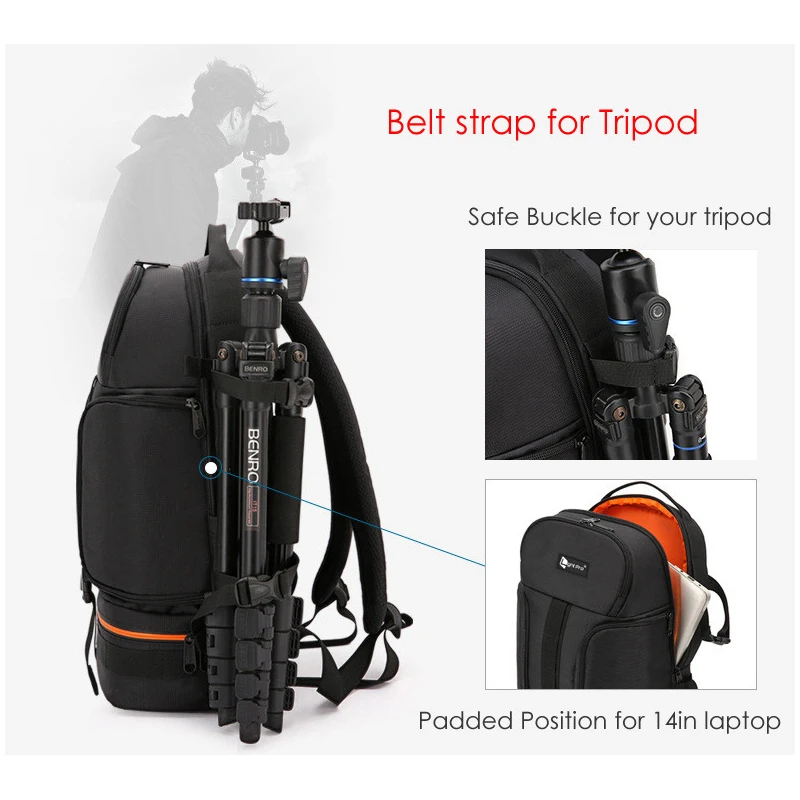 Video Waterproof Camera Shoulders Backpack w Reflector Stripe fit 15.6 inch Latptop Shockproof Soft Padded Tripod Case Photo Bag