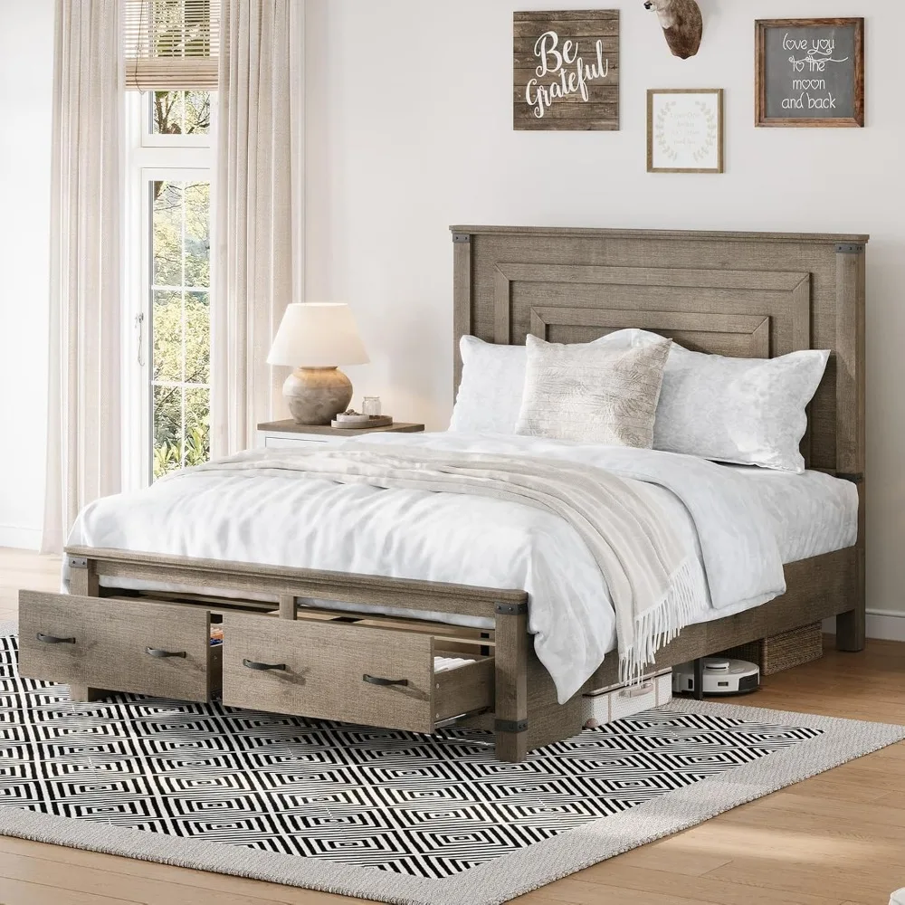 

Farmhouse Full Size Bed Frame with 54" Tall Geometric Headboard & Footboard, Rustic Wood Platform Bed Frame with Large