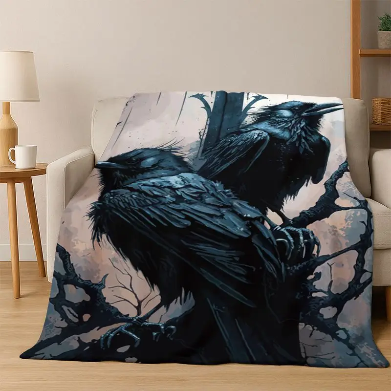 Gothic Raven Crow Skull Cartoon Flannel Blanket Soft Warm Blanket Throw Blanket for Bedroom Living Room Bed Travel Camping Gift