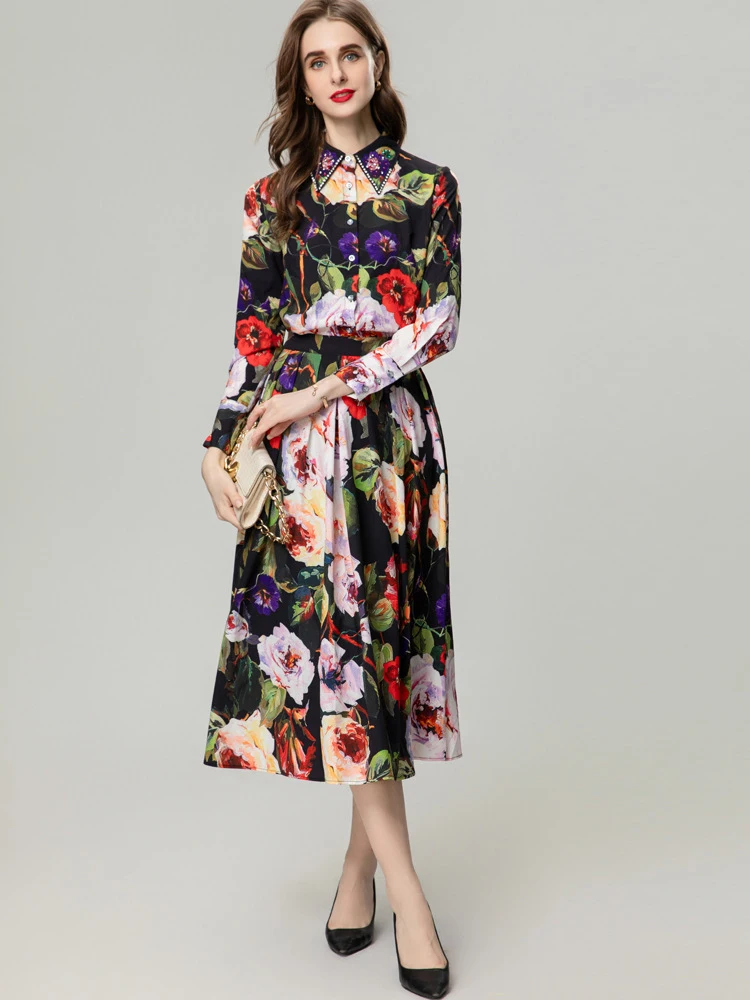 Women's Runway Designer Two Piece Dress Turn Down Collar Beaded Long Sleeves Printed Shirt with Floral Skirt Fashion Twinset Set