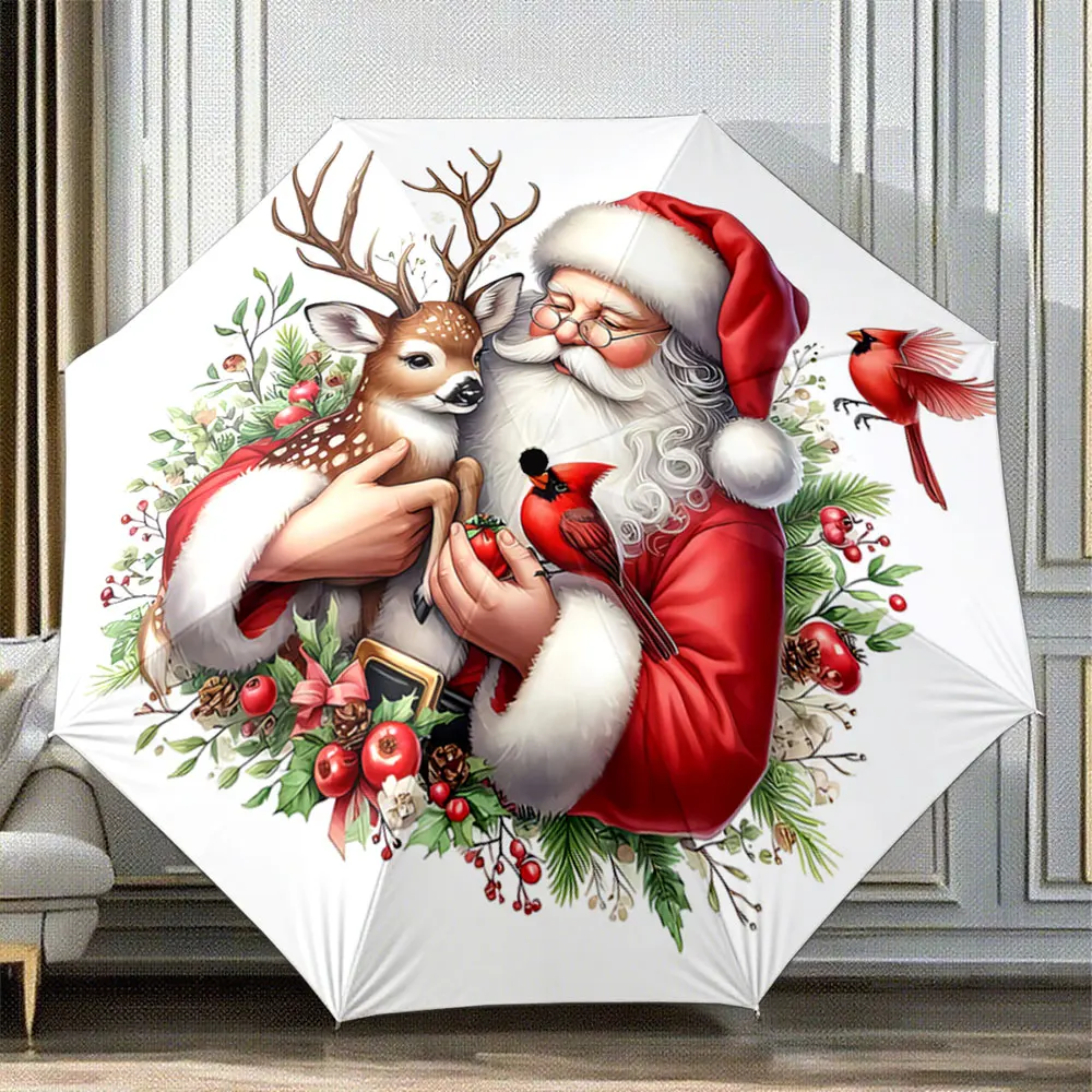Christmas Santa with Deer and Cardinals Umbrella Print Design Portable Folding Umbrella, Gift for Family And Friends