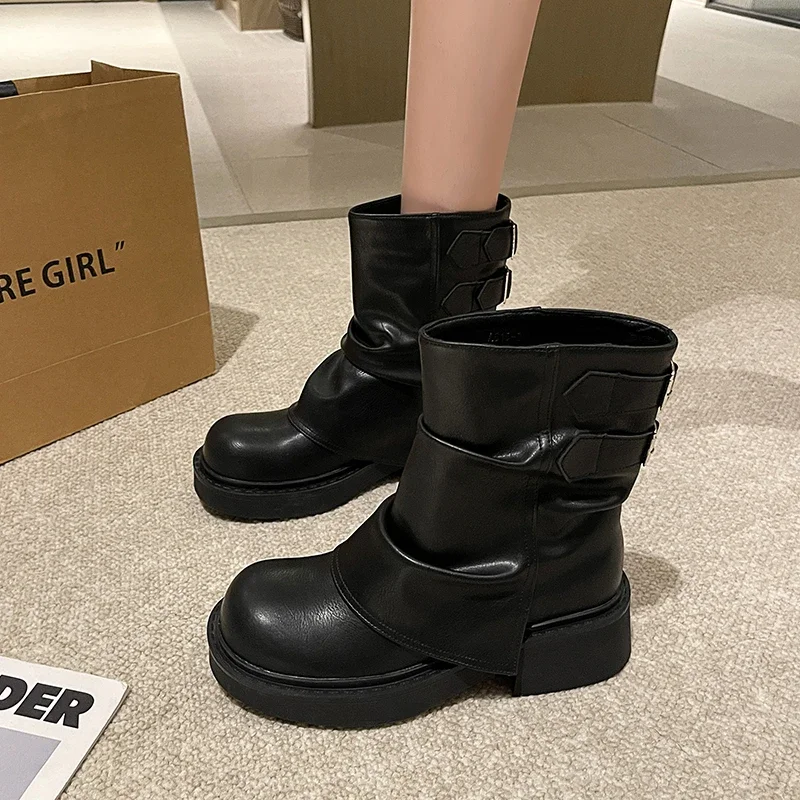 Platform Mid Calf Women Chelsea Boots Chunky Mid Heels Designer Shoes 2024 Fad New Motorcycle Boots Goth Walking Ladies