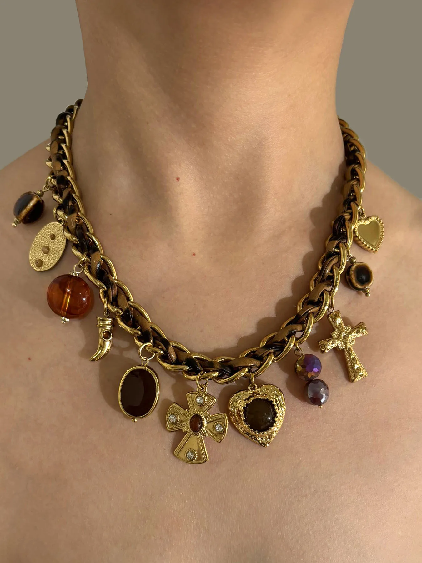 Peri'sbox خمر سر متشابكة سميكة قلادة حجر الراين المينا الصليب الاكريليك البيضاوي قلادة رائعة الحنين هدية النساء #2