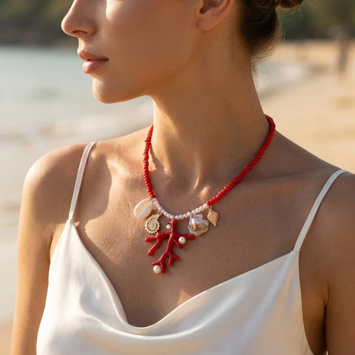 Sommerliche Reisperlen-Halskette mit Korallen- und Muschelanhänger für Damen und Herren – Boho-Muschel-Choker für Urlaub, Party und modische Schmuckgeschenke – Detail 5