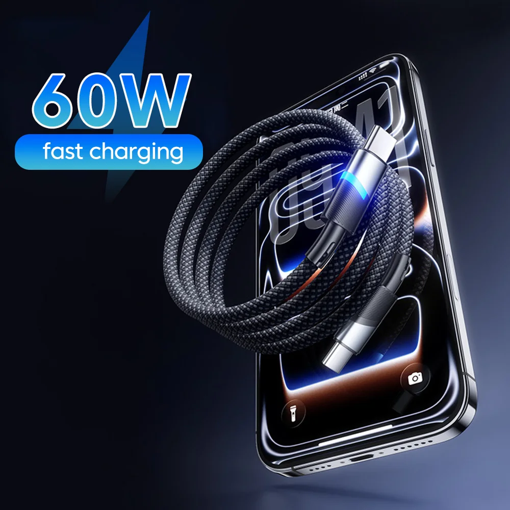 60W Type C to Type C Fast Charging Cable Light-Emitting Braided Data Cable for iphone 17 Samsung Mobile Phone Charging Cables