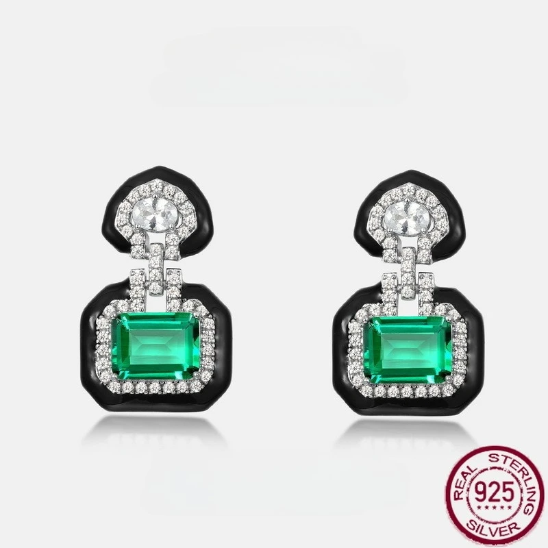 

New S925 pure silver geometric emerald socialite black enamel earrings light luxury fashion versatile wedding jewelry