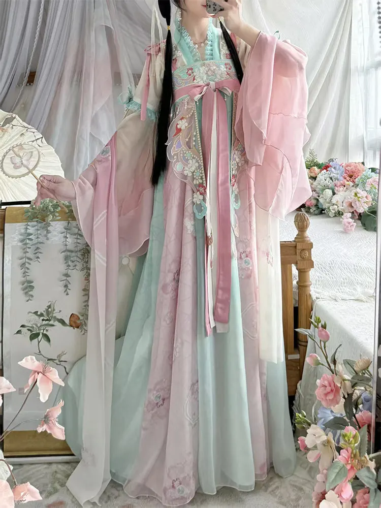 

Платье для сценических выступлений и косплея в стиле Ханьфу, женское, в стиле династии Тан, розово-зеленое, шифоновое, с вышивкой, женская одежда