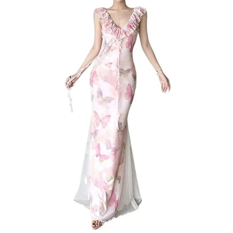 فستان على شكل بوق من الدانتيل على طراز الشاطئ شفاف من خلال فتحة رقبة مائلة نحيفة بدون أكمام فساتين ماكسي للنساء فستان صيفي جديد على الموضة