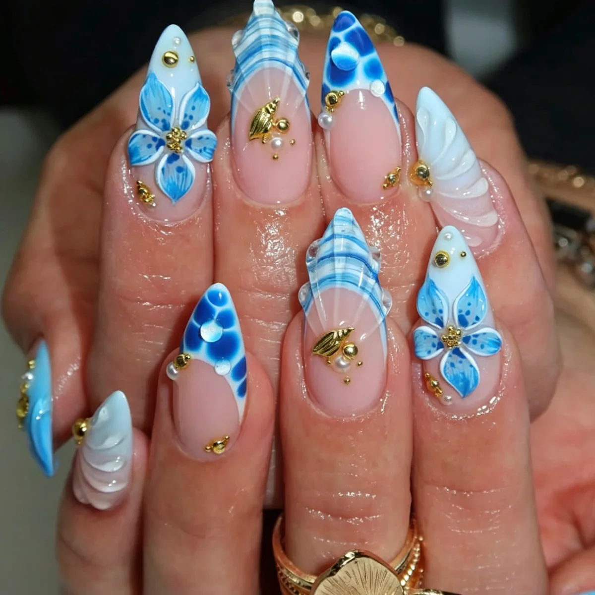 24Pcs Wearable Press on Nails Almond Shaped Gradient Lace Edge French Design False Nails Set Flower Detachable Fake Nail Tips