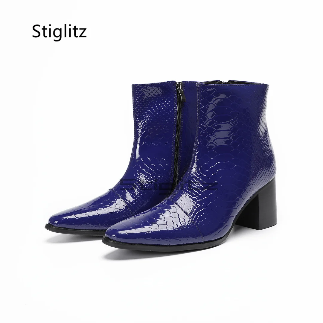 Blue High Heels Men's Chelsea Boots Retro Snake Pattern Genuine Leather Pointed Toe Ankle Boots Side Zip Social Work Shoes Male
