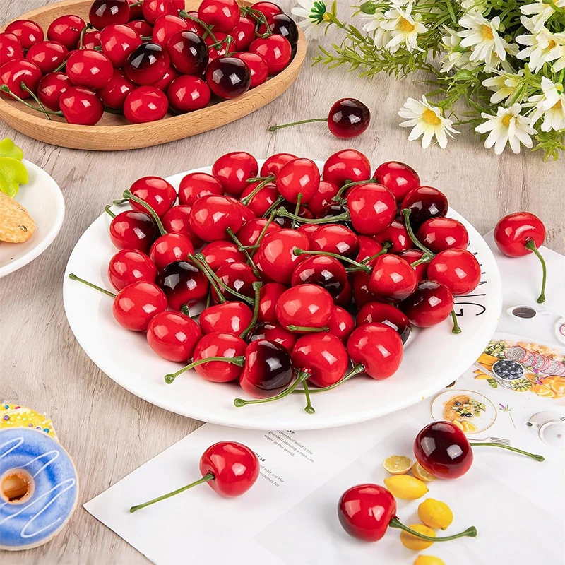 Cereza Artificial de doble cabeza, modelo de fruta falsa, adorno para pastel, accesorios de comida, decoración de fiesta, decoración de mesa para el hogar, 10/20 piezas