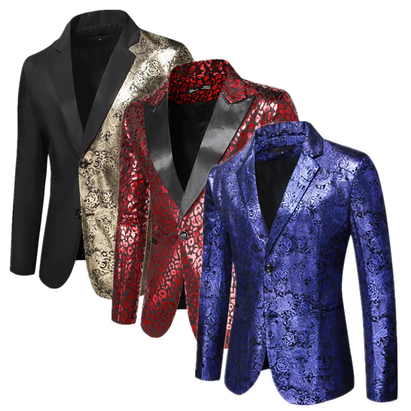 

2024 New Men Business Social Printed Suit Jacket Black / Red / Blue Fashion Men's Dance Party Dress Thin Blazer Coat