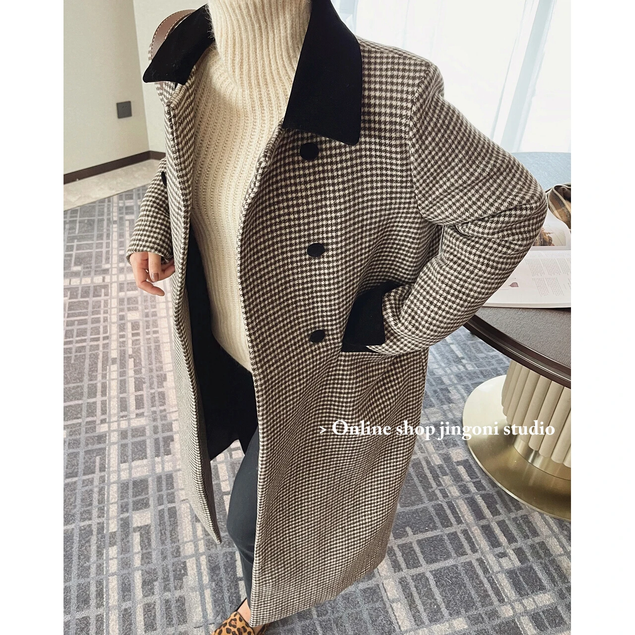 2022 Woman Oem Plaid Woolen Tweed Heavy Blazers Long Jackets Coats Clothes Korean Fashion Tops Vintage Winter Trench Overcoat